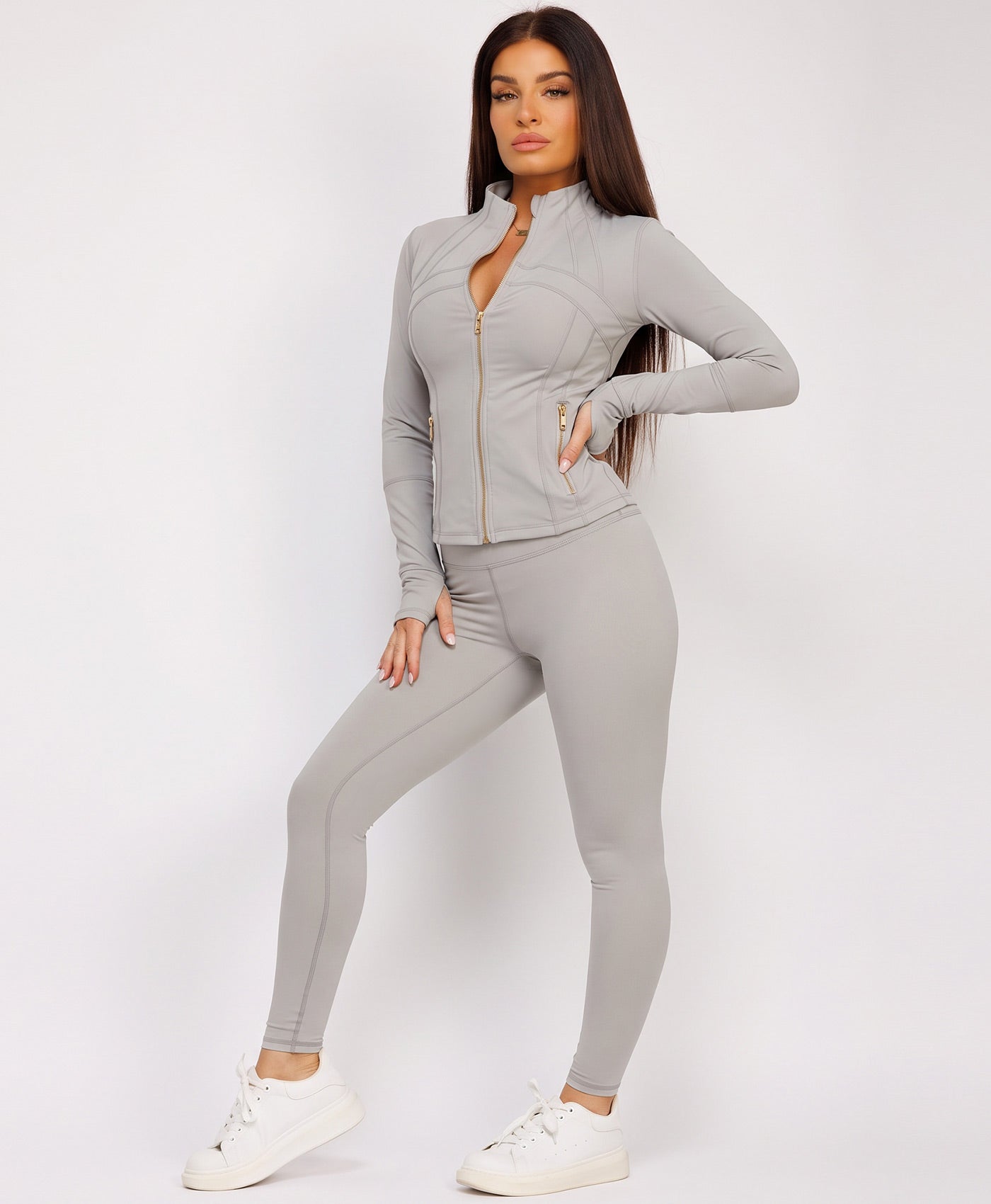 Grey Sport Gold Zipped Gym Jacket Leggings Co-Ord Set