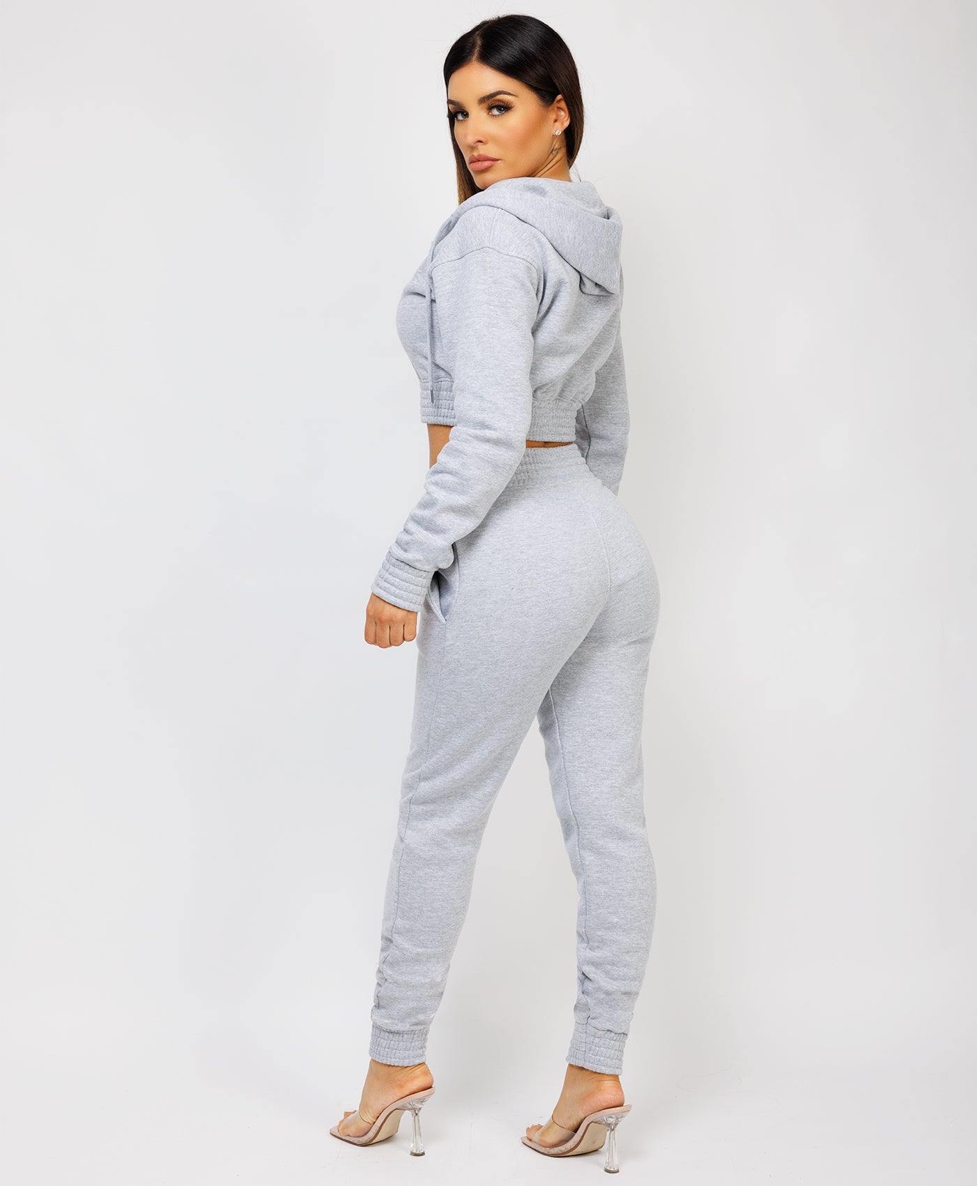 Grey Zipped Cropped Hooded Tracksuit Loungewear Set – lexifashionuk