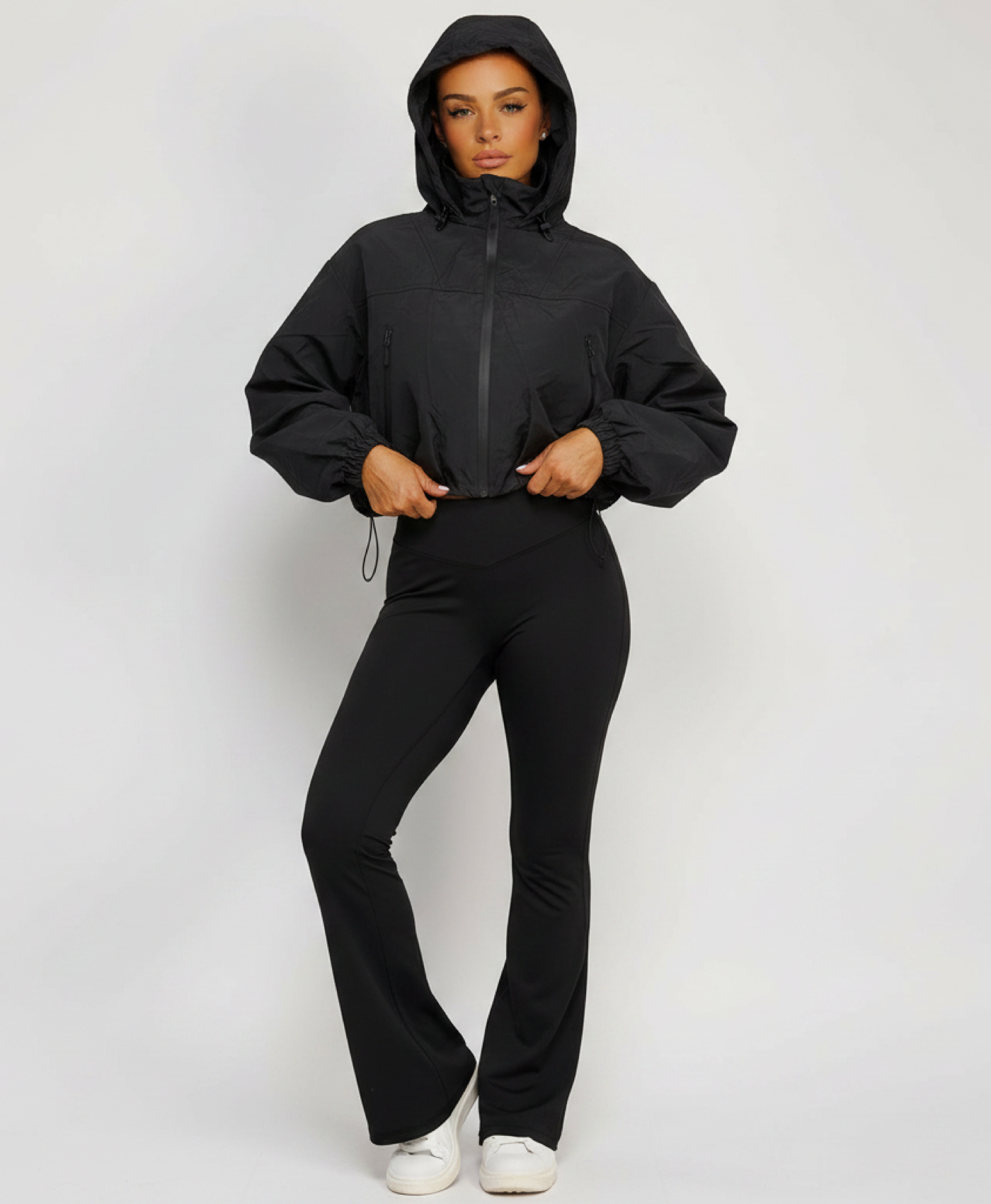 Black Cropped Hooded Windbreaker Jacket with Zip Fastening and Drawstring Hem