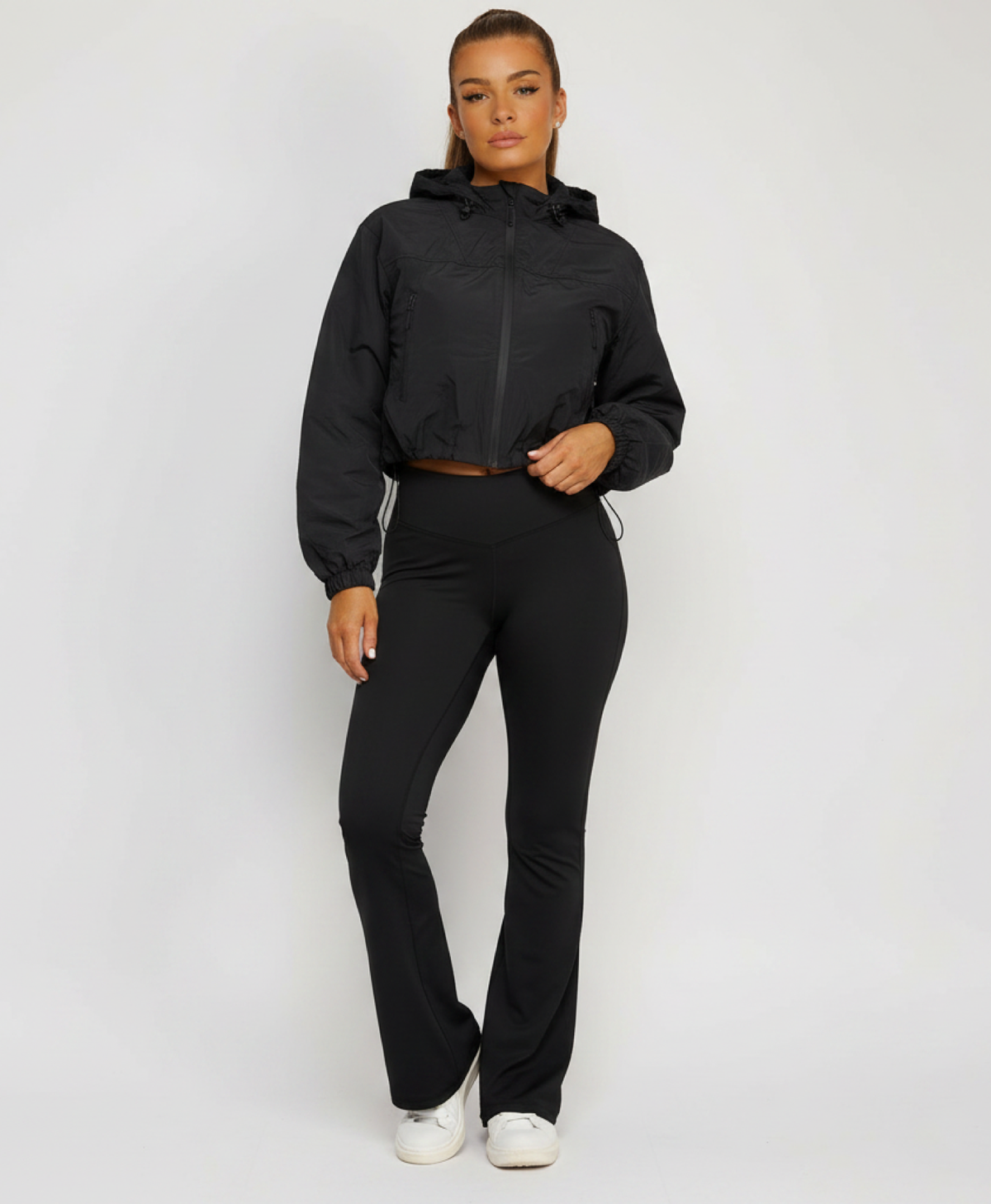 Black Cropped Hooded Windbreaker Jacket with Zip Fastening and Drawstring Hem