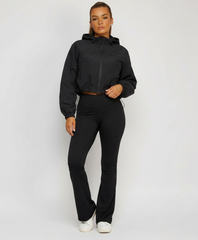 Black Cropped Hooded Windbreaker Jacket with Zip Fastening and Drawstring Hem