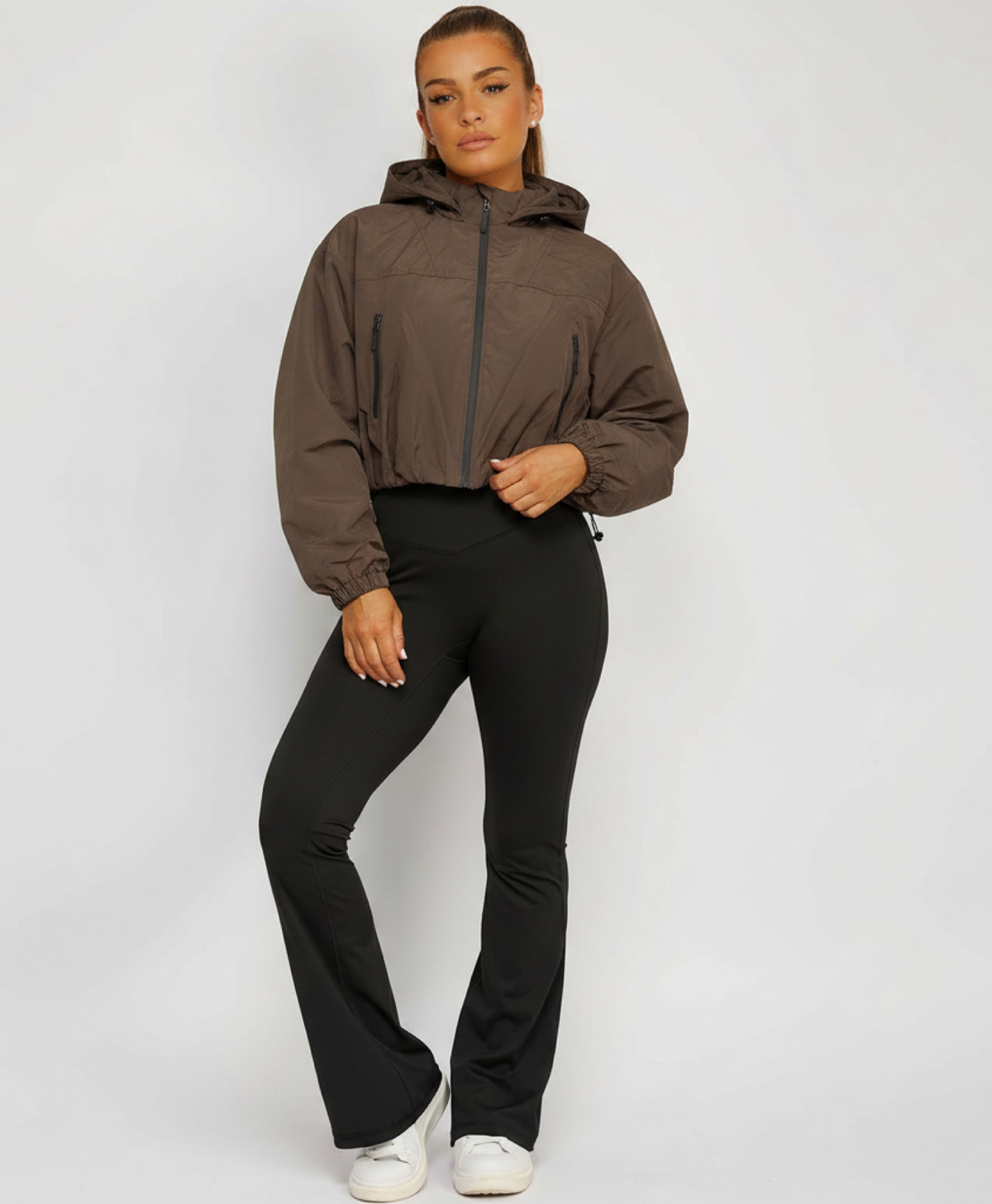 Chocolate Cropped Hooded Windbreaker Jacket with Zip Fastening and Drawstring Hem