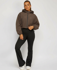 Chocolate Cropped Hooded Windbreaker Jacket with Zip Fastening and Drawstring Hem