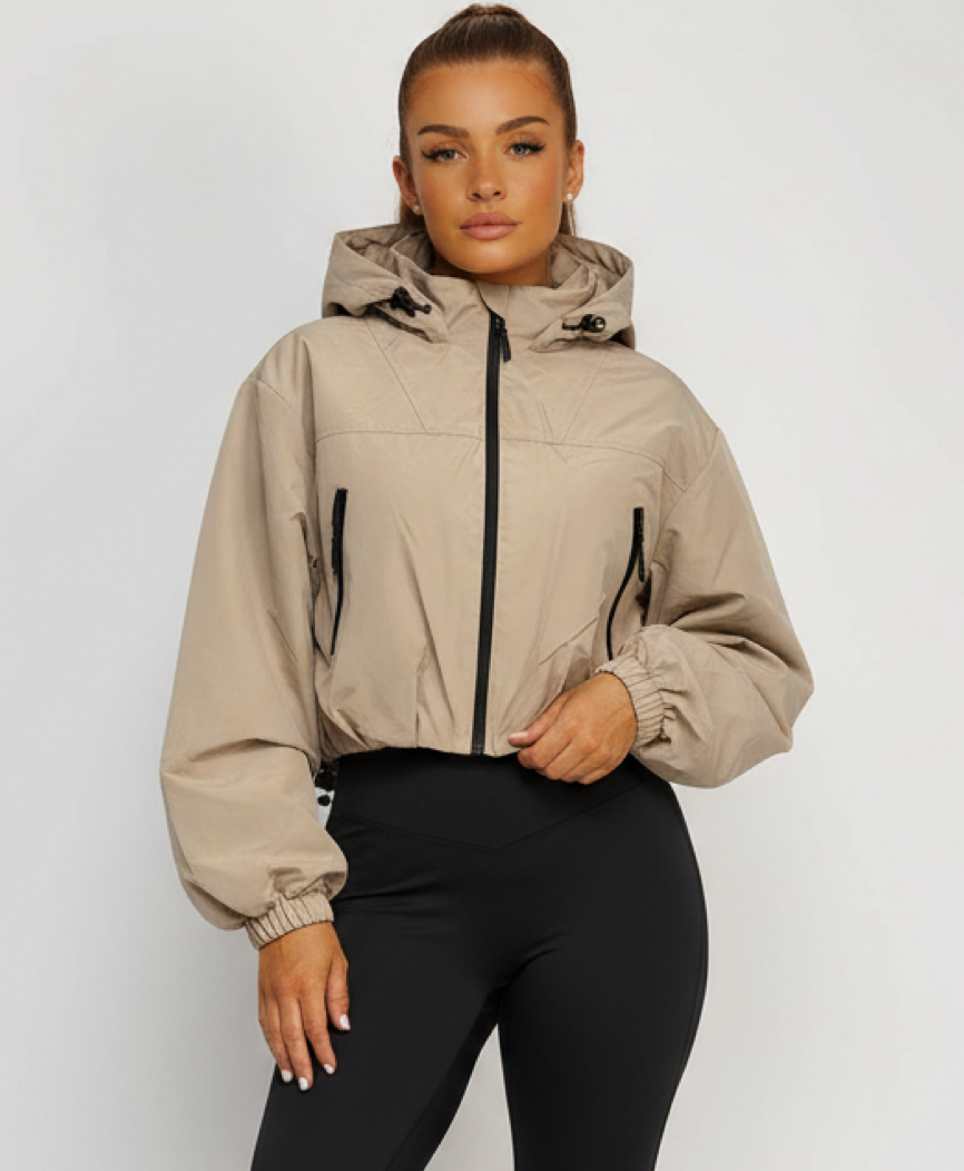 Beige Cropped Hooded Windbreaker with Drawstring Hem