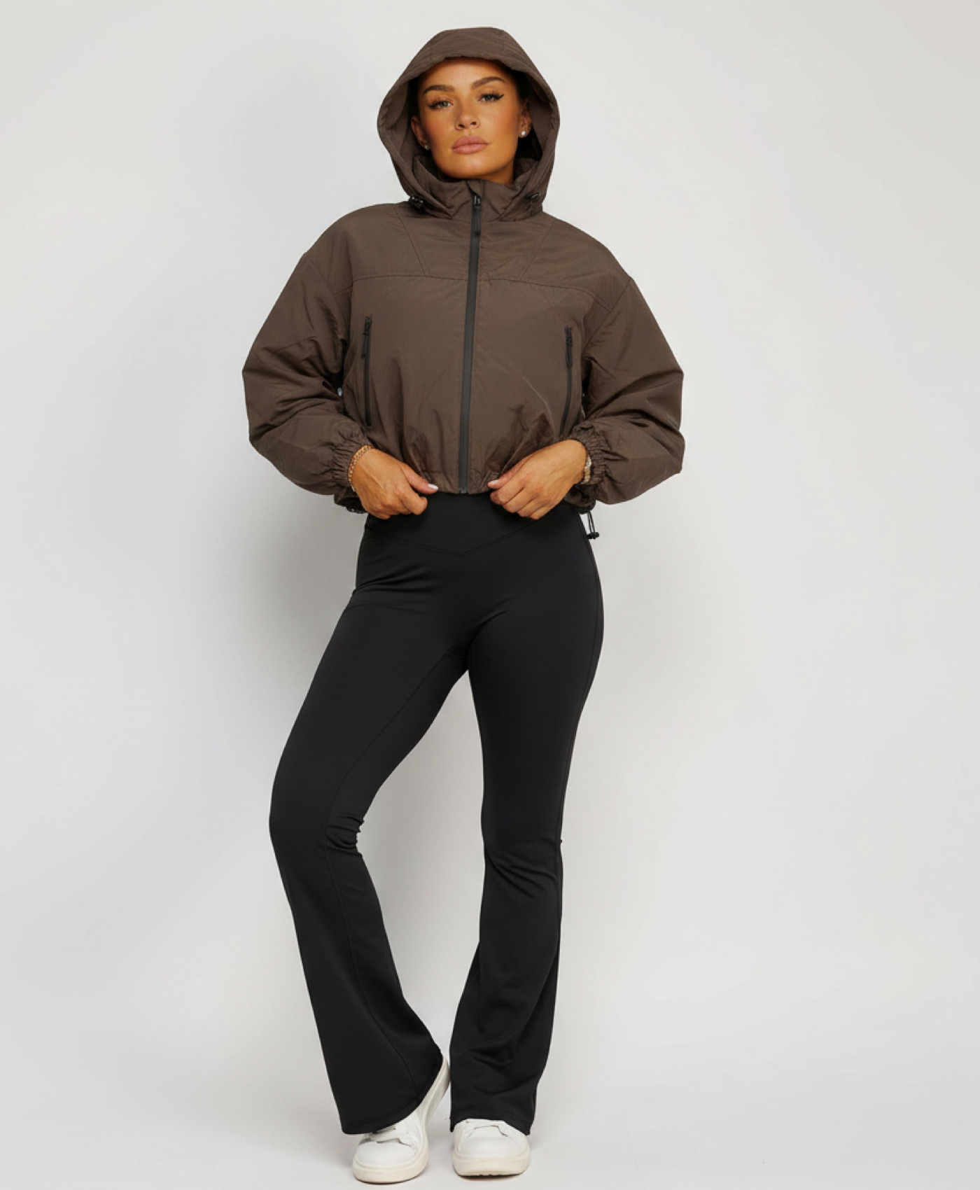 Chocolate Cropped Hooded Windbreaker Jacket with Zip Fastening and Drawstring Hem