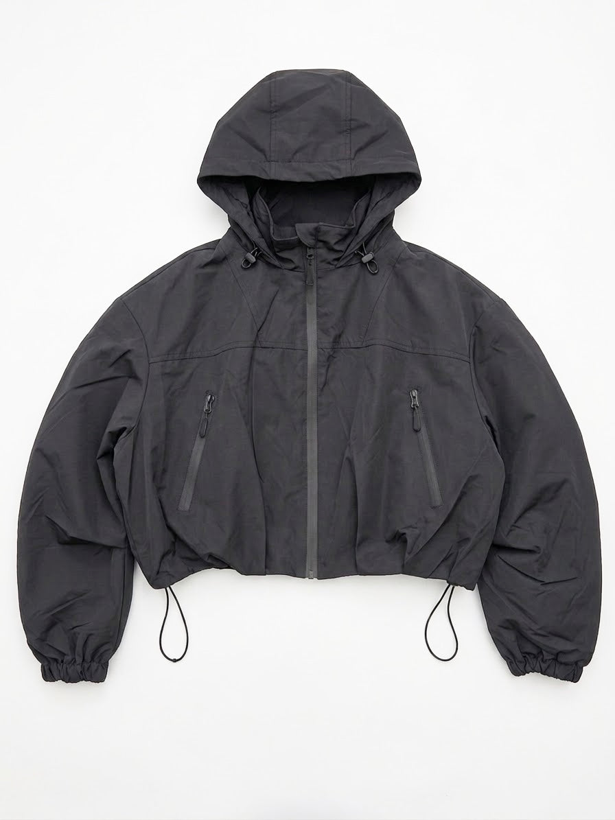 Black Cropped Hooded Windbreaker Jacket with Zip Fastening and Drawstring Hem