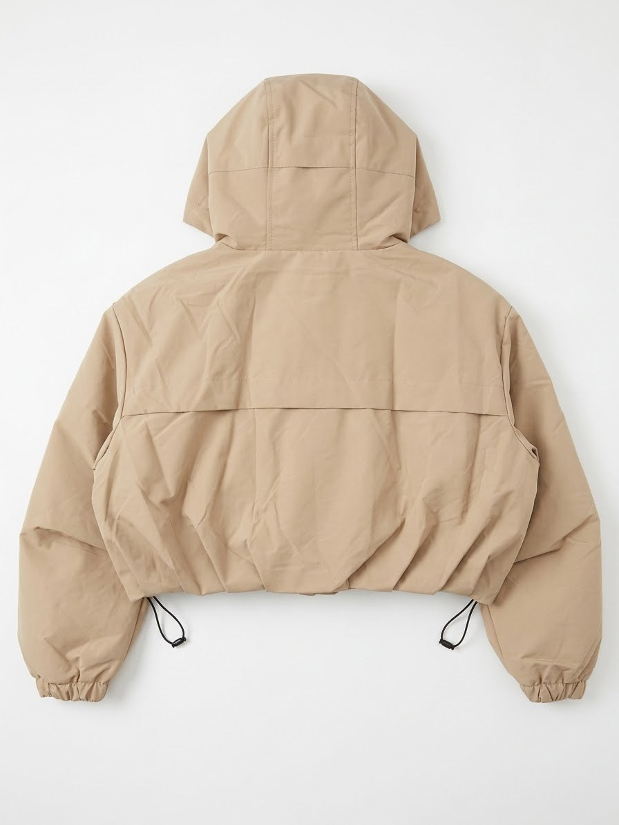 Beige Cropped Hooded Windbreaker Jacket with Zip Fastening and Drawstring Hem