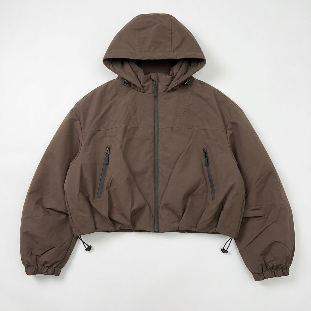 Chocolate Cropped Hooded Windbreaker Jacket with Zip Fastening and Drawstring Hem