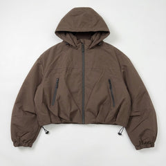 Chocolate Cropped Hooded Windbreaker Jacket with Zip Fastening and Drawstring Hem