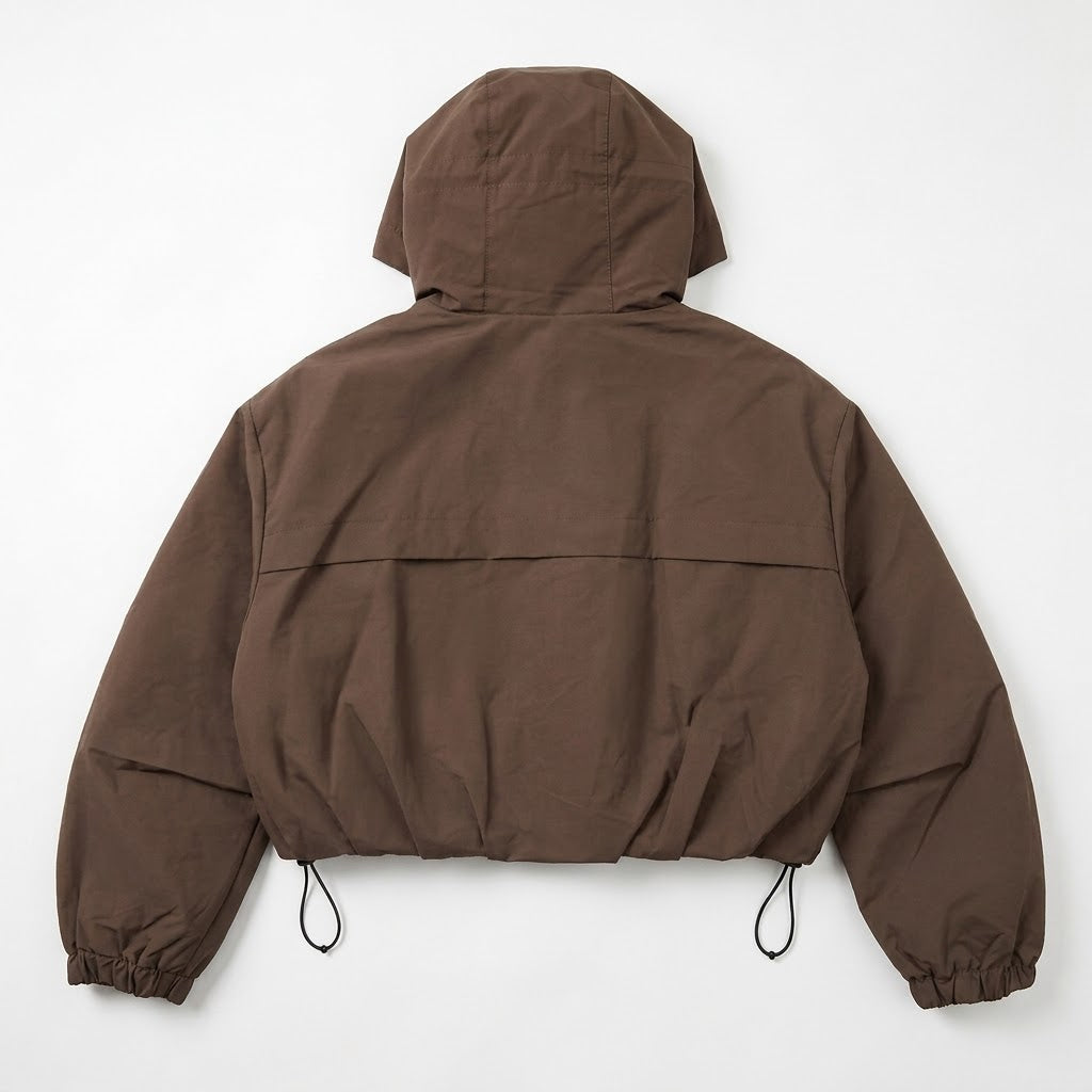 Chocolate Cropped Hooded Windbreaker Jacket with Zip Fastening and Drawstring Hem