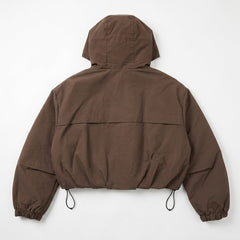 Chocolate Cropped Hooded Windbreaker Jacket with Zip Fastening and Drawstring Hem