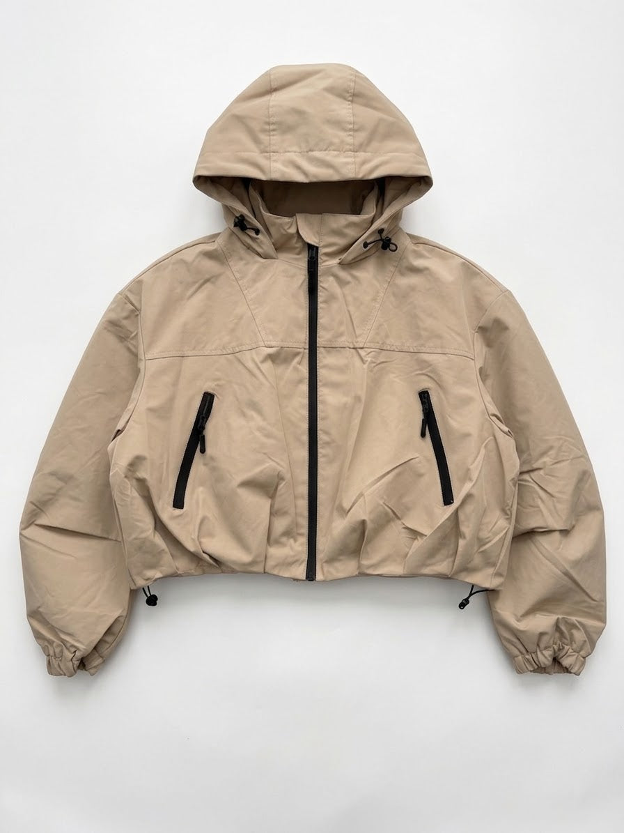 Beige Cropped Hooded Windbreaker Jacket with Zip Fastening and Drawstring Hem