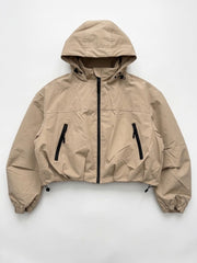 Beige Cropped Hooded Windbreaker Jacket with Zip Fastening and Drawstring Hem