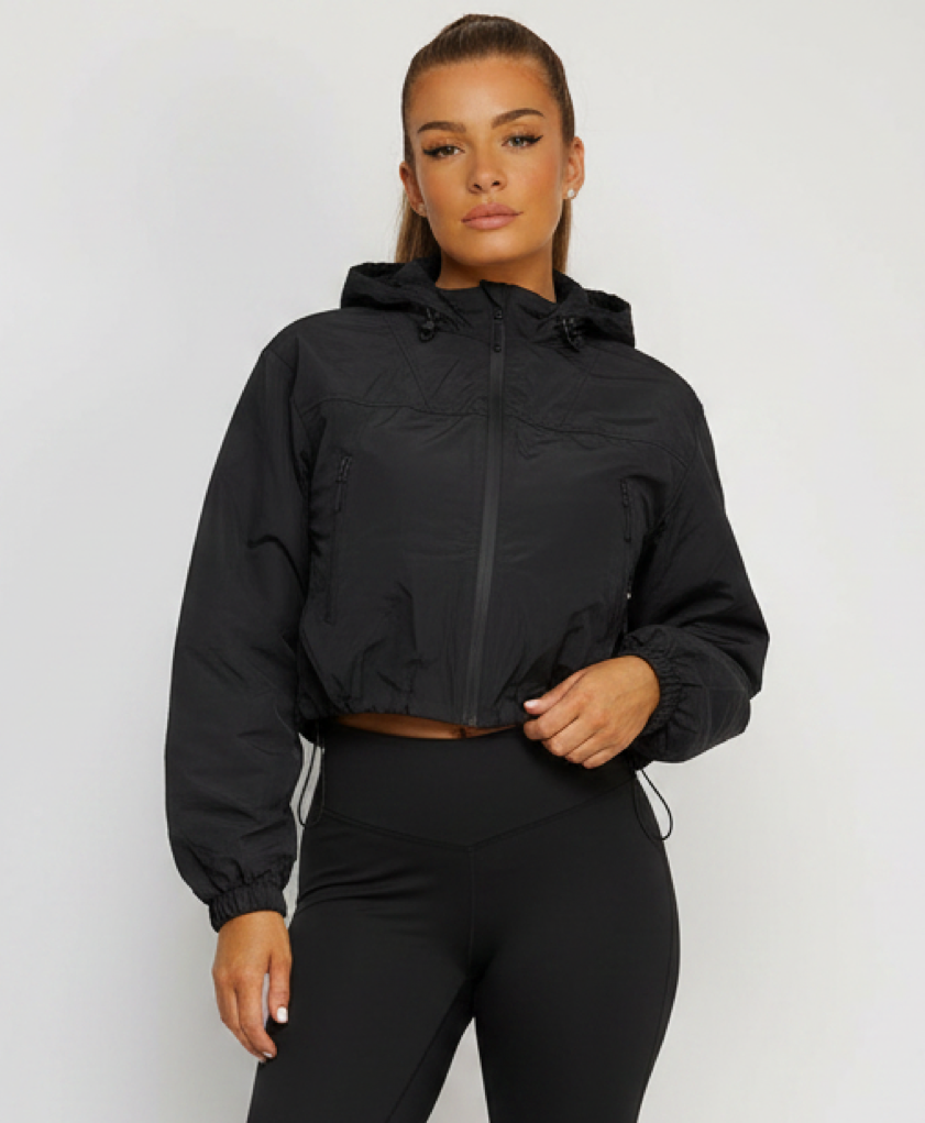 Black Cropped Hooded Windbreaker with Drawstring Hem