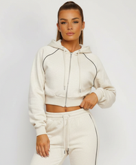 Oatmeal Piping Detail Zip-Up Crop Hoodie & Wide Leg Jogger Co-Ord Tracksuit Set