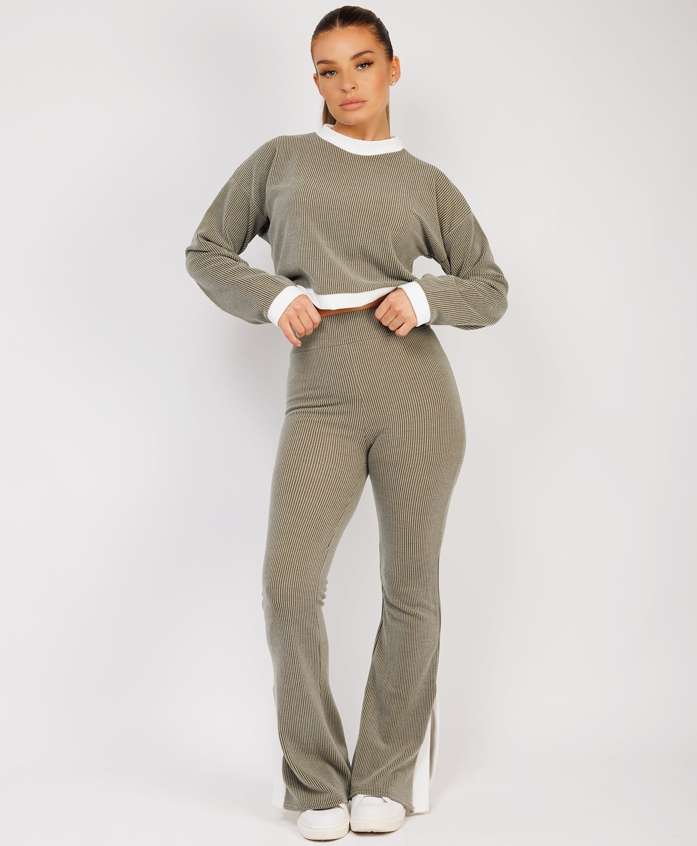 Ribbed-Contrast-Stripe-Jumper-Flare-Split-Trousers-Khaki