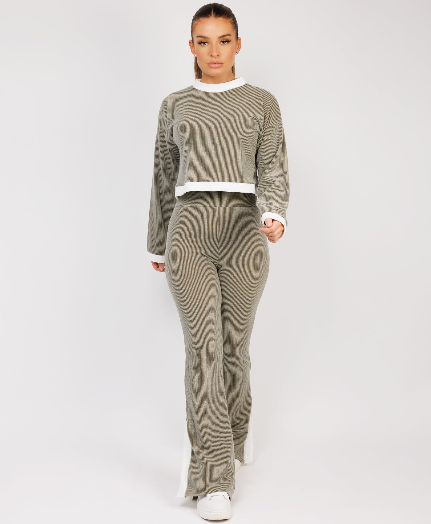 Ribbed-Contrast-Stripe-Jumper-Flare-Split-Trousers-Khaki