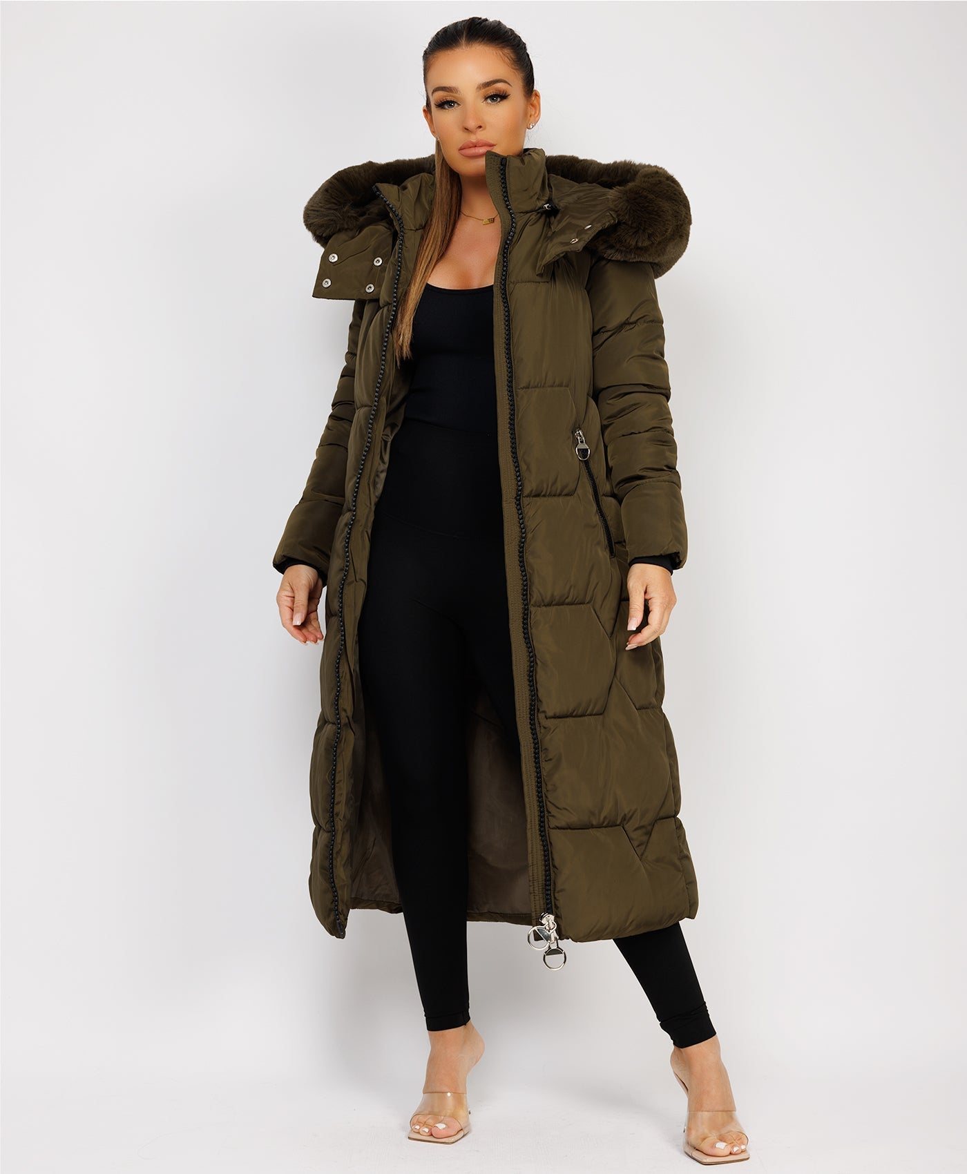 Khaki Long Padded Puffer Winter Trench Coat Jacket With Faux Fur Hood www.lexifashion