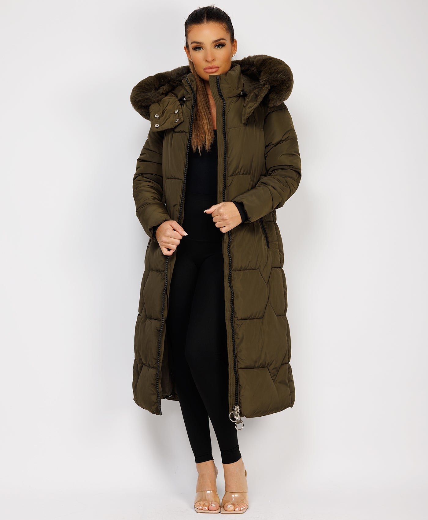 Khaki Long Padded Puffer Winter Trench Coat Jacket With Faux Fur