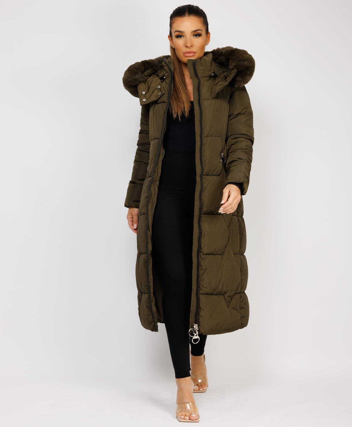 Khaki Long Padded Puffer Winter Trench Coat Jacket With Faux Fur Hood www.lexifashion