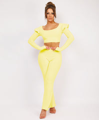 Lemon Frill Shoulder Long Sleeve Slinky Top And Trousers Loungewear Set