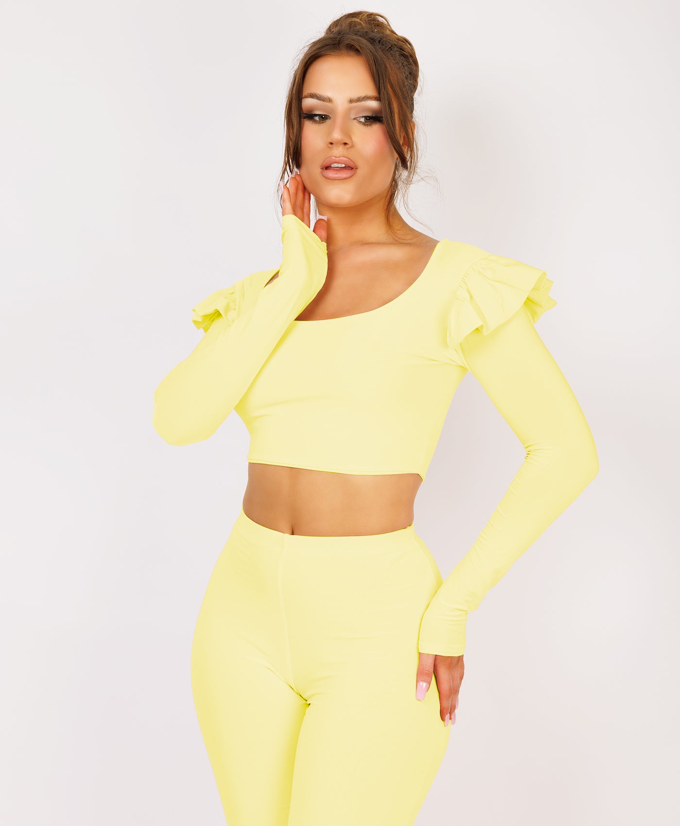 Lemon Frill Shoulder Long Sleeve Slinky Top And Trousers Loungewear Set
