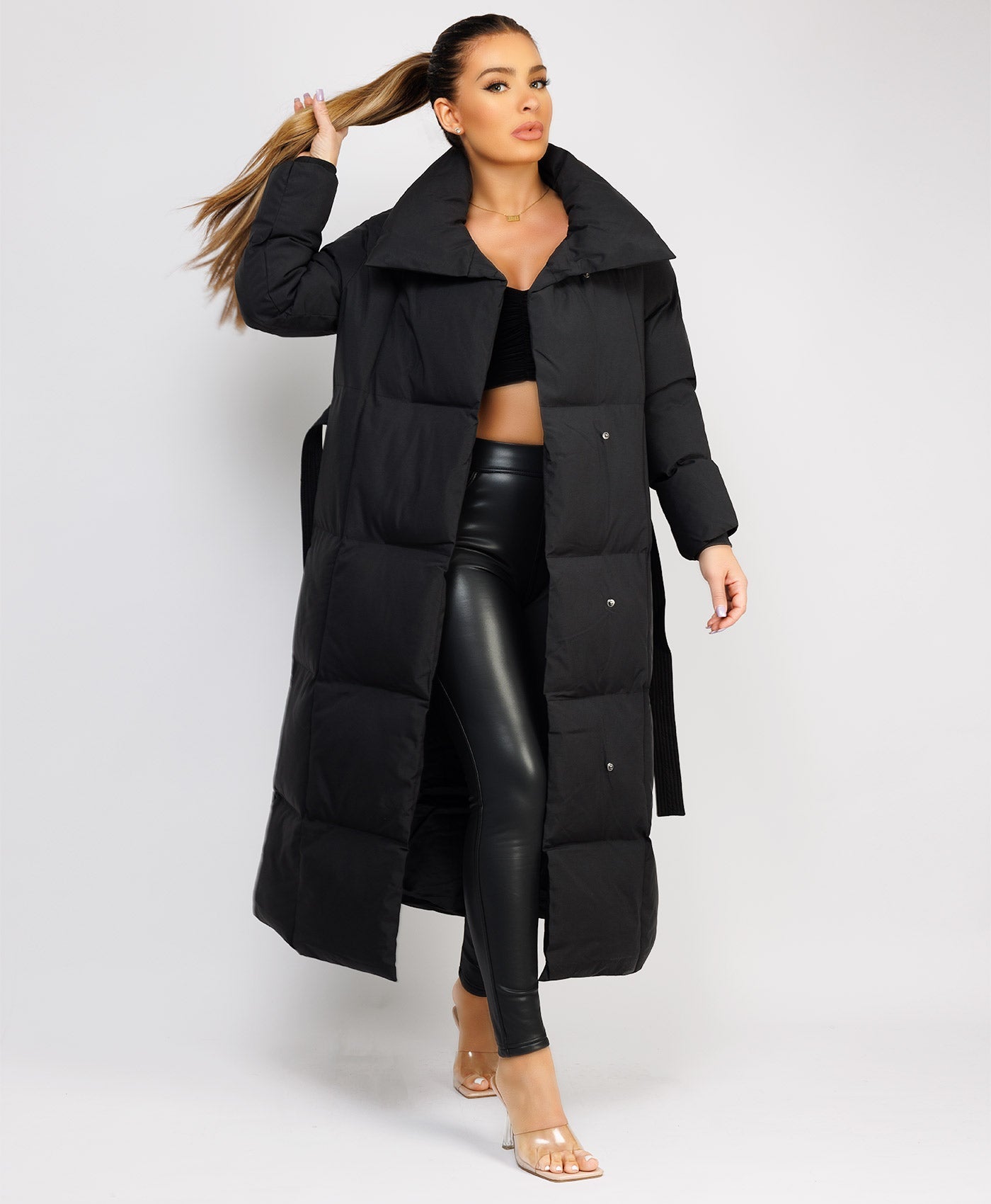 Black Longline Padded Full Length Belted Puffer Coat Jacket