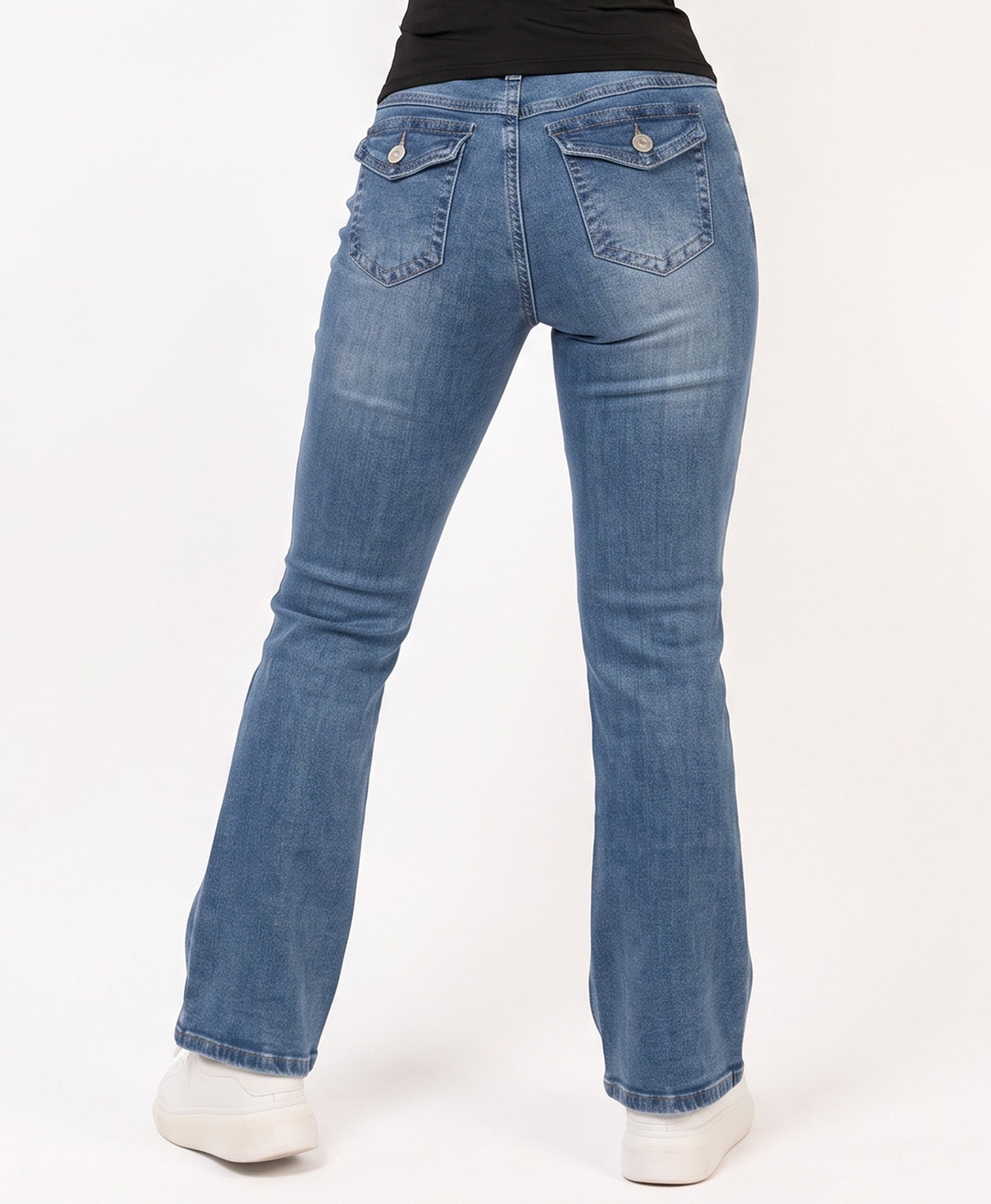 Mid Blue Wash Flare Fit Mid-Rise Denim Jeans With Decorative Button Pocket Detail
