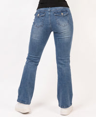 Mid Blue Wash Flare Fit Mid-Rise Denim Jeans With Decorative Button Pocket Detail