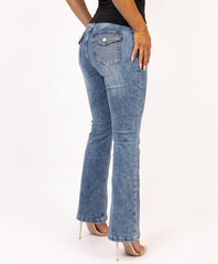 Mid Blue Wash Flare Fit Rhinestone Pocket Jeans
