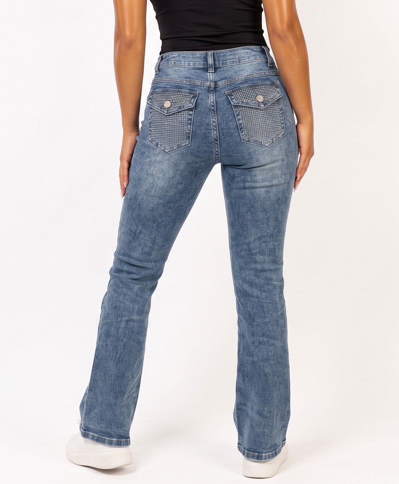 Mid Blue Wash Flare Fit Rhinestone Pocket Jeans