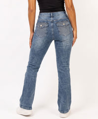 Mid Blue Wash Flare Fit Rhinestone Pocket Jeans