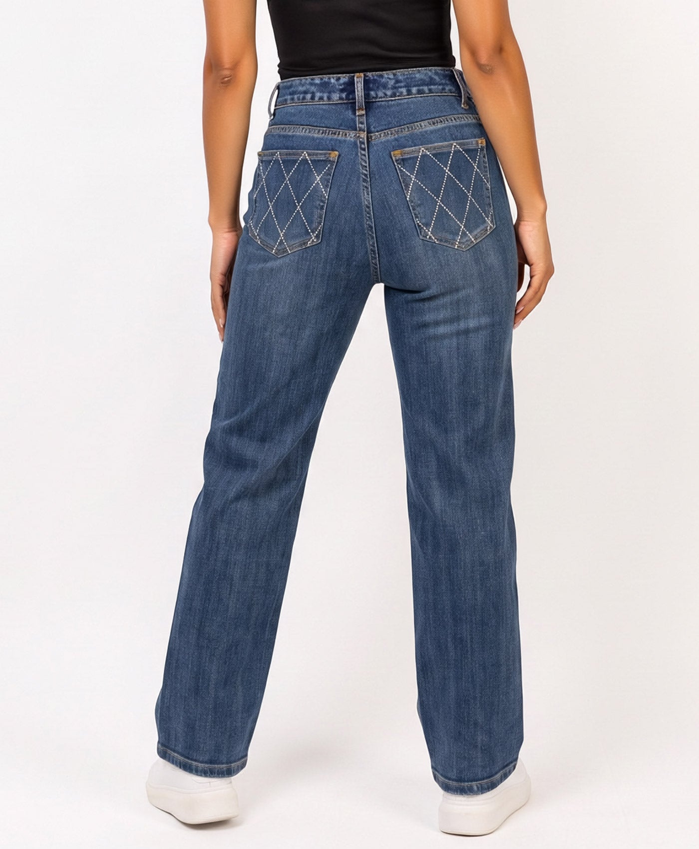Mid Blue Wash High Rise Jeans With Diamond Rhinestone Embellishment