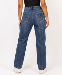Mid Blue Wash High Rise Jeans With Diamond Rhinestone Embellishment