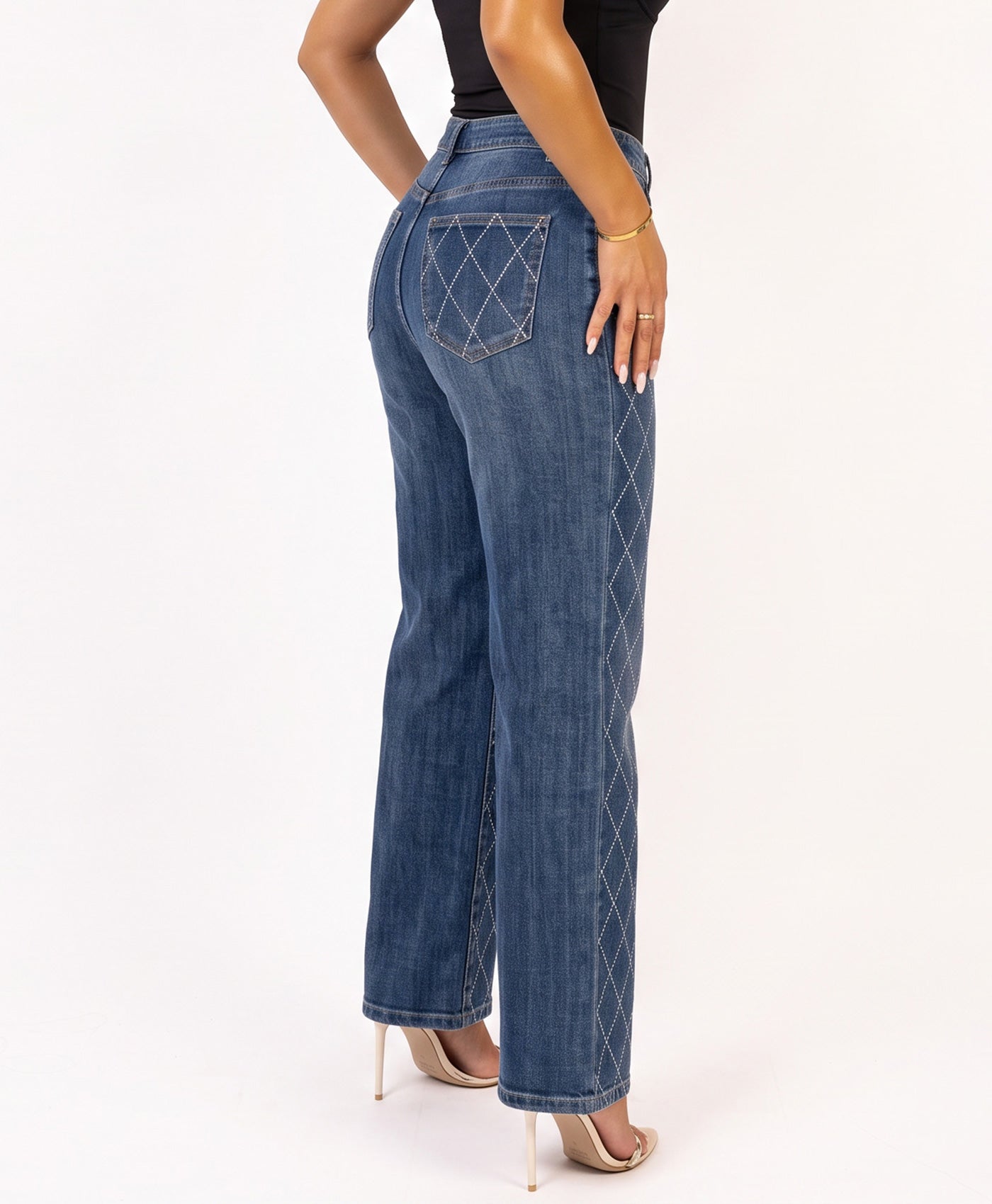 Mid Blue Wash High Rise Jeans With Diamond Rhinestone Embellishment