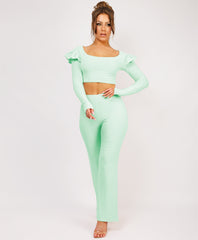 Mint Frill Shoulder Long Sleeve Slinky Top And Trousers Loungewear Set