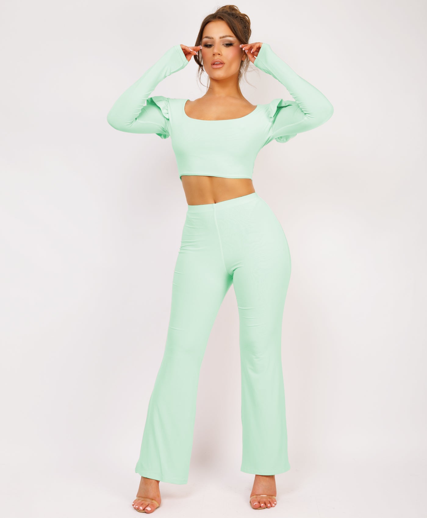 Mint Frill Shoulder Long Sleeve Slinky Top And Trousers Loungewear Set