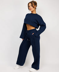 Navy Cropped Sweatshirt And Pintuck Detail Joggers Tracksuit