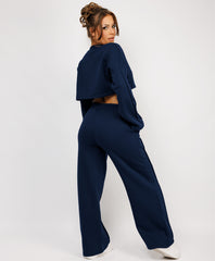 Navy Cropped Sweatshirt And Pintuck Detail Joggers Tracksuit