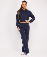 Navy Piping Cropped Zip Hoodie Wide Leg Jogger Set