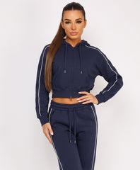 Navy Piping Cropped Zip Hoodie Wide Leg Jogger Set