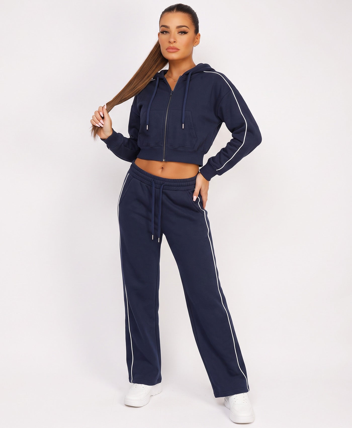 Navy Piping Cropped Zip Hoodie Wide Leg Jogger Set