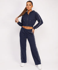 Navy Piping Cropped Zip Hoodie Wide Leg Jogger Set