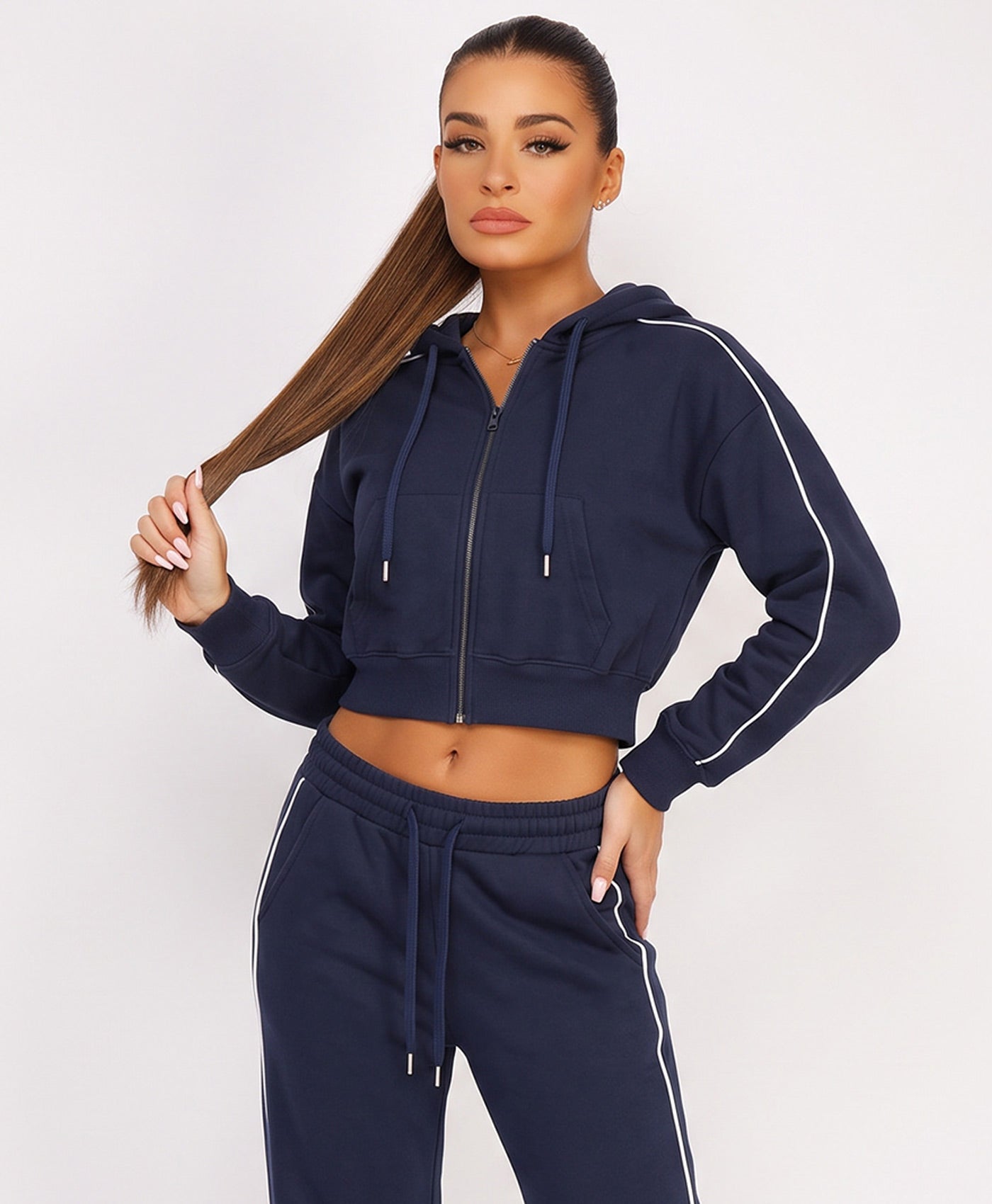 Navy Piping Cropped Zip Hoodie Wide Leg Jogger Set