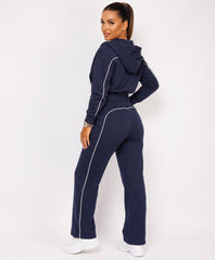 Navy Piping Cropped Zip Hoodie Wide Leg Jogger Set