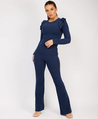 Ribbed-Frilled-Long-Sleeve-Skinny-Flare-Set-Navy