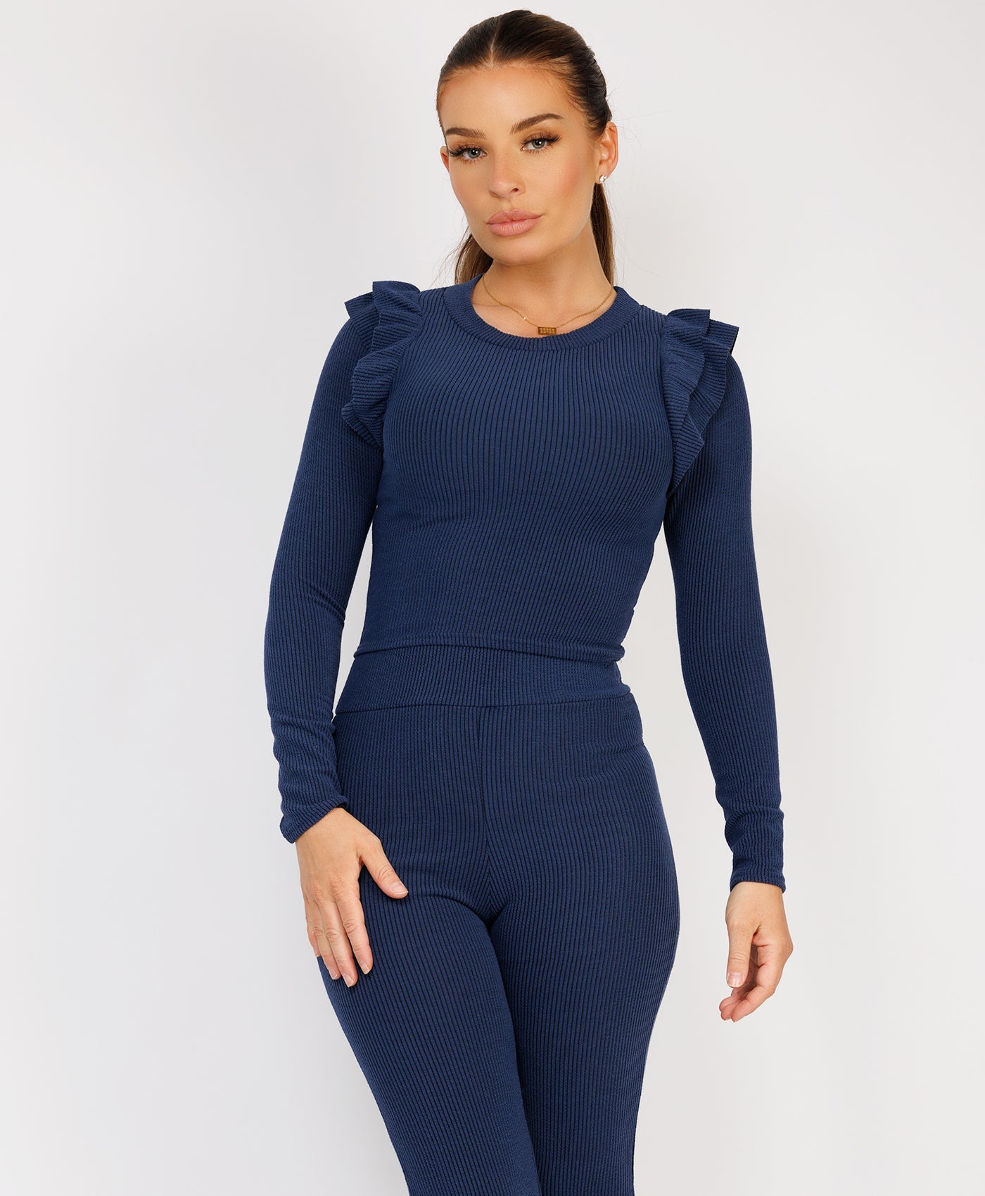 Ribbed-Frilled-Long-Sleeve-Skinny-Flare-Set-Navy