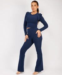 Ribbed-Frilled-Long-Sleeve-Skinny-Flare-Set-Navy