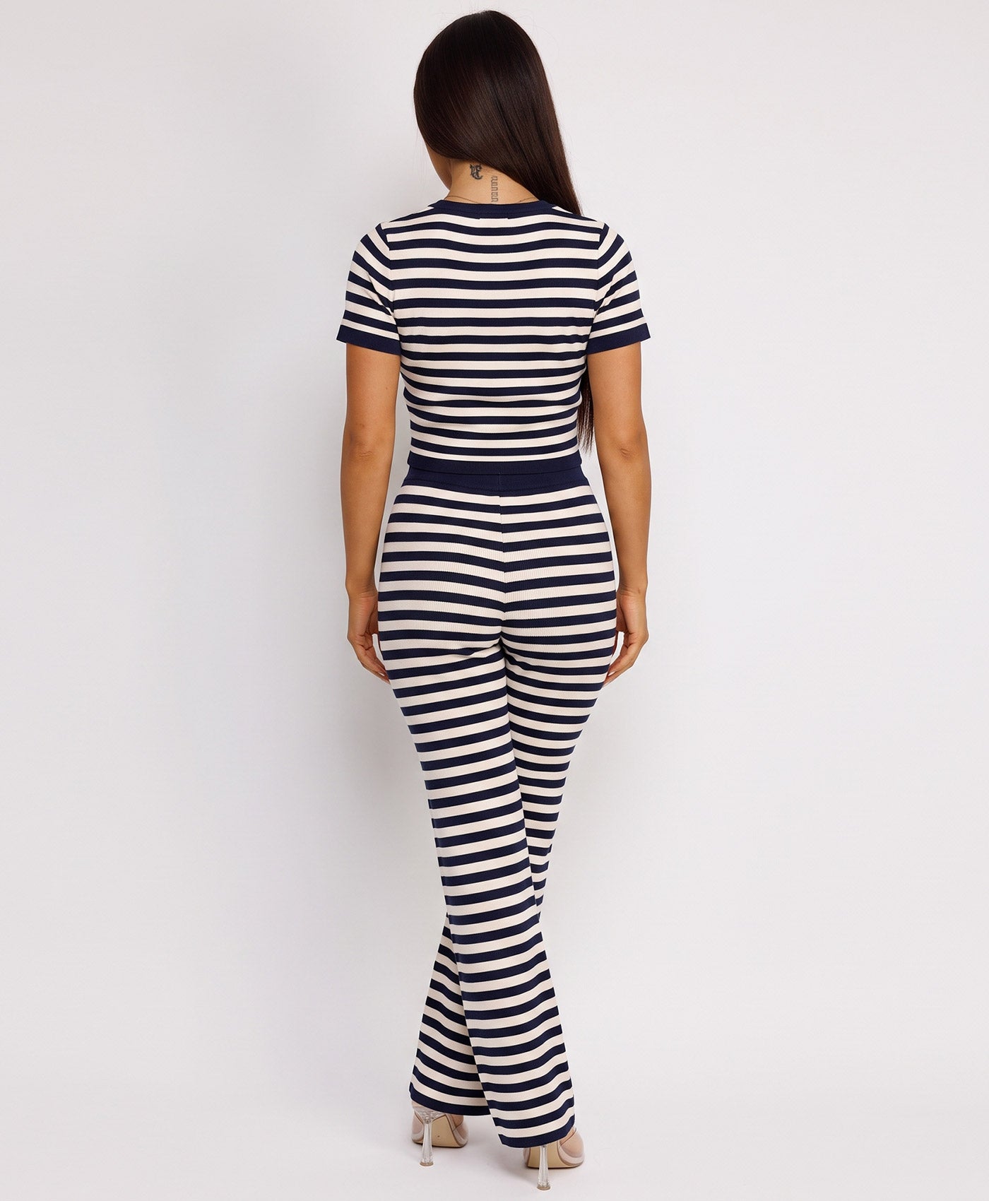 Navy Striped Knit Cropped T-Shirt Flare Trousers