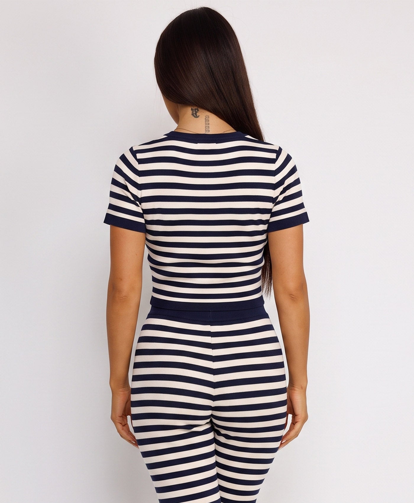 Navy Striped Knit Cropped T-Shirt Flare Trousers